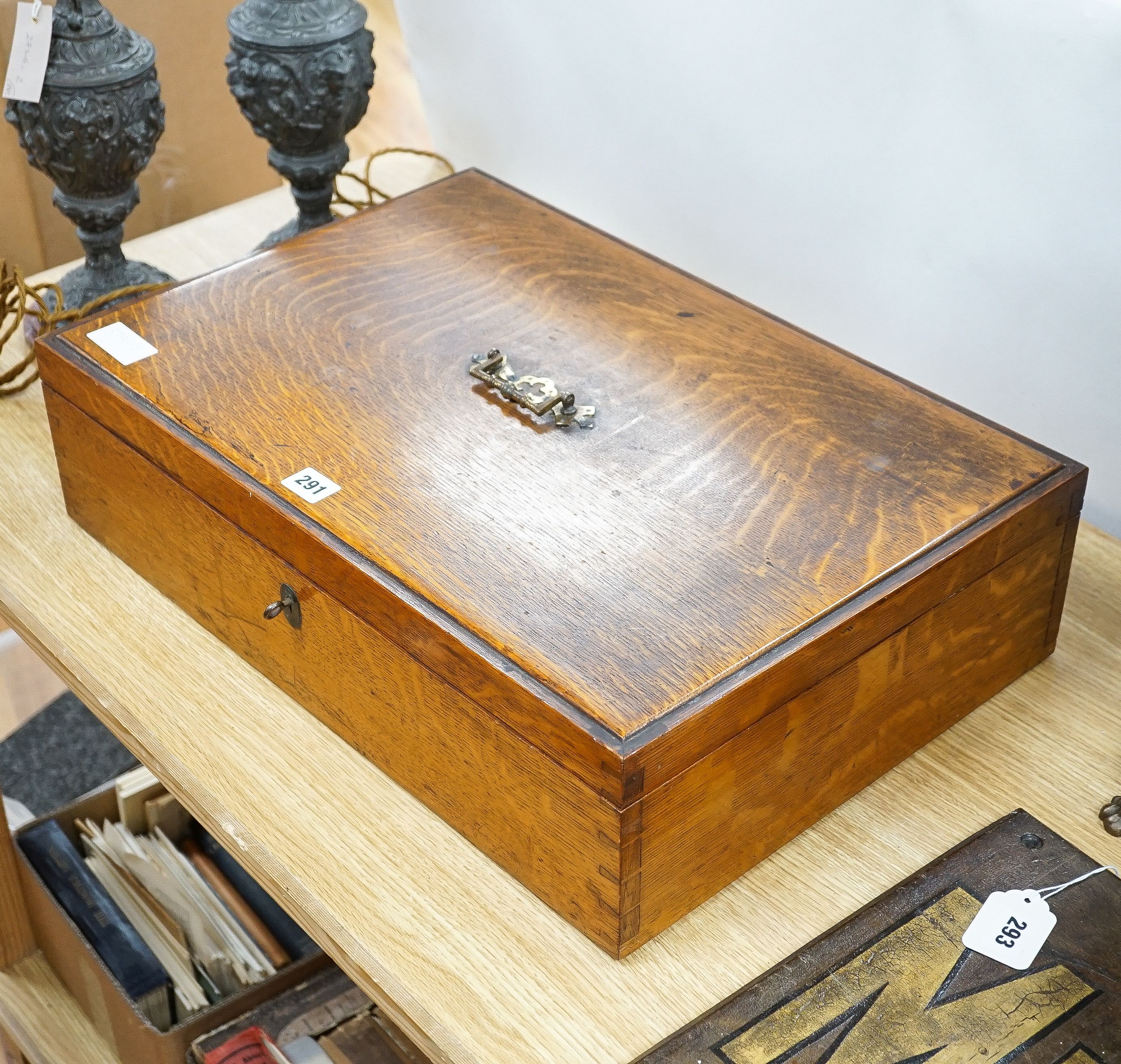 A large oak canteen box, early 20th century, locked and key doesn’t work, no contents. 57cm
